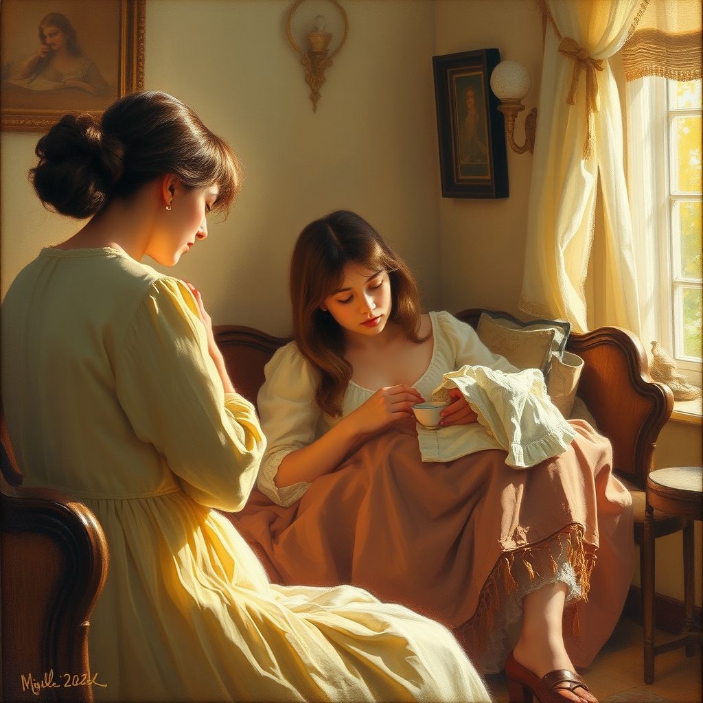 Un pastel íntimo de James Tissot que representa una escena doméstica, un retrato o un estudio de figuras, que muestra detalles delicados y un ambiente atmosférico.