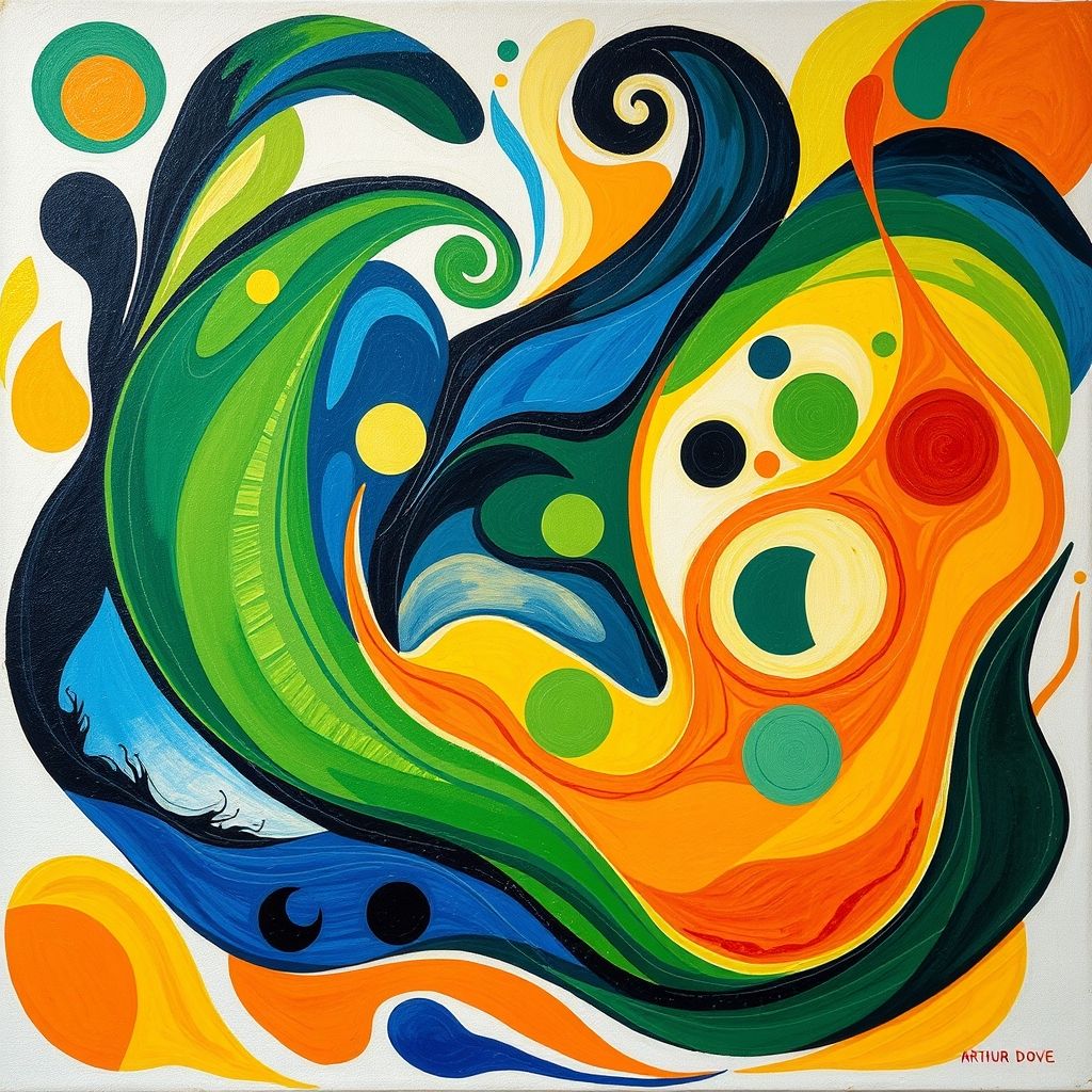 Un pastel abstracto de Arthur Dove que muestra formas orgánicas simplificadas, colores audaces y una sensación de movimiento y energía inspirados en la naturaleza.