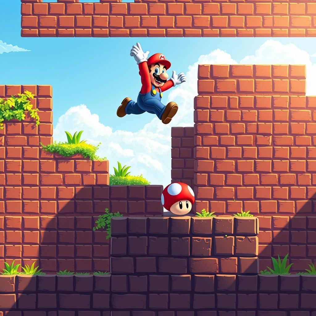 Captura de pantalla del juego Super Mario Bros. mostrando a Mario saltando sobre un Goomba, con un fondo de ladrillos pixelados y cielo azul.
