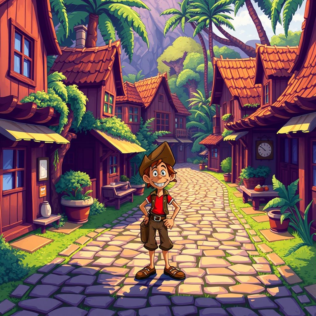 Captura de pantalla del juego The Secret of Monkey Island mostrando a Guybrush Threepwood en el pueblo de Melee Island, con coloridos fondos pixelados.