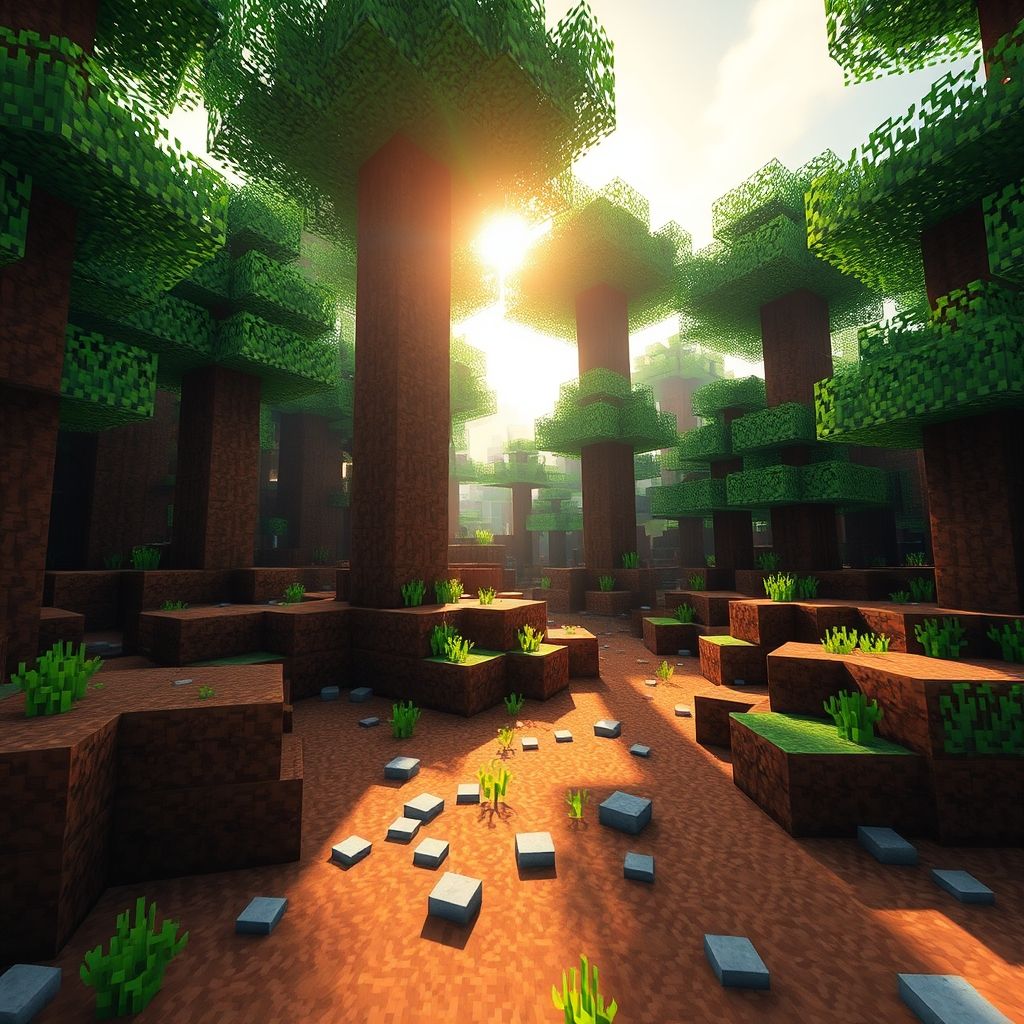 Captura de pantalla del juego Minecraft mostrando un paisaje con varios bloques cúbicos, como tierra, piedra y árboles, todos hechos de píxeles.
