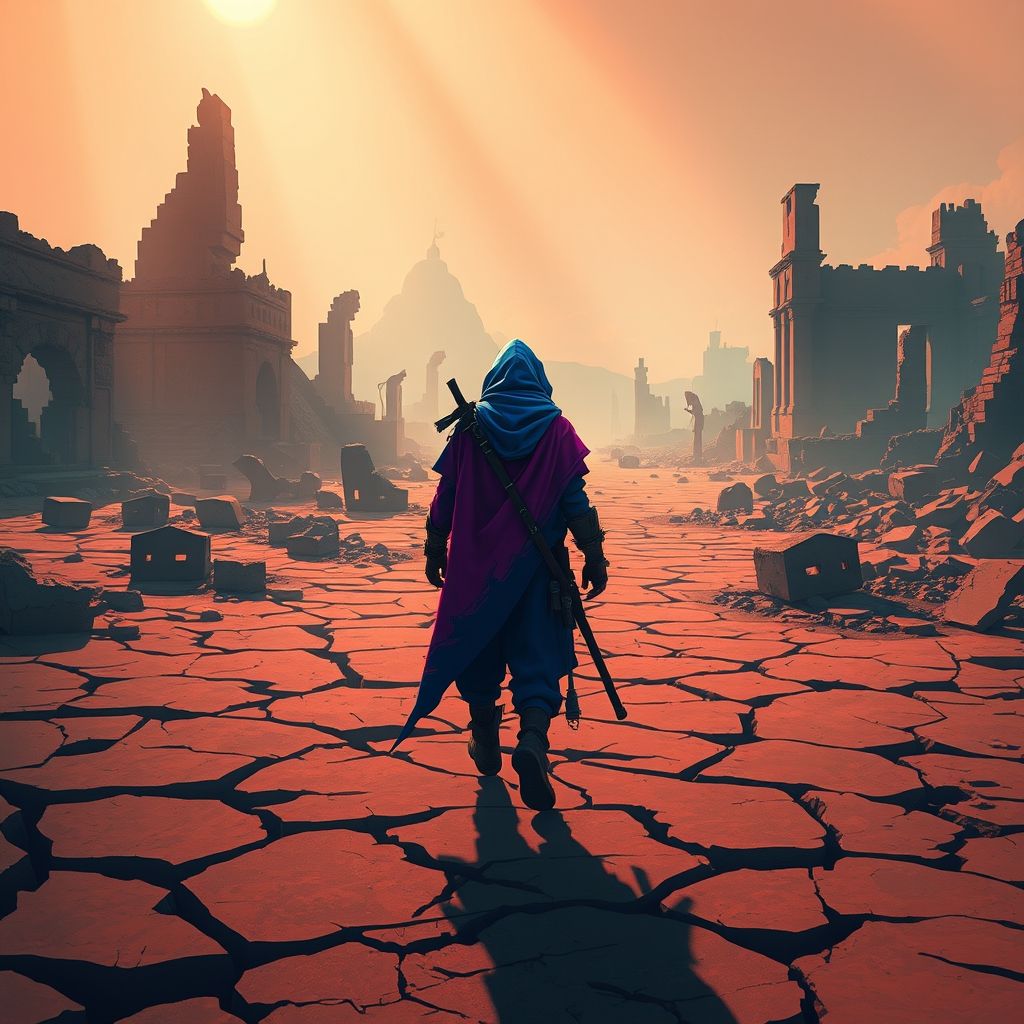 Captura de pantalla del juego Hyper Light Drifter mostrando al Drifter explorando un paisaje en ruinas con una iluminación dramática.