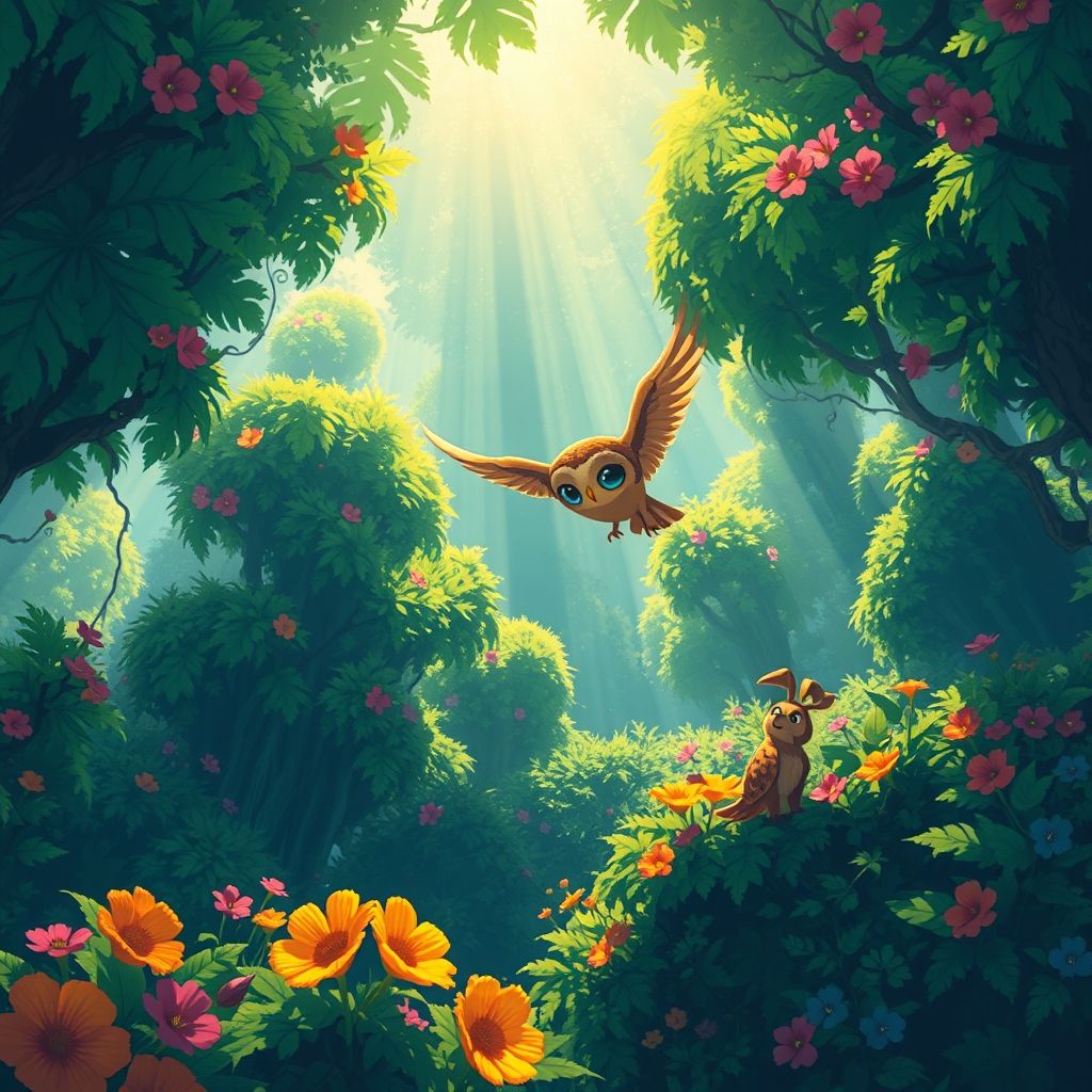 Captura de pantalla del juego Owlboy mostrando a Otus volando a través de un entorno exuberante y detallado, con otros personajes pixelados.