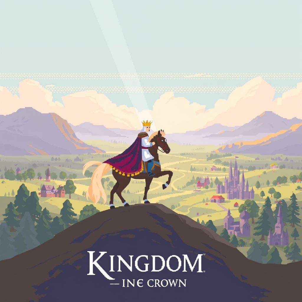 Captura de pantalla del juego Kingdom: Two Crowns mostrando a un monarca montado a caballo, con su reino extendiéndose a ambos lados, todo representado en un estilo pixelado minimalista.