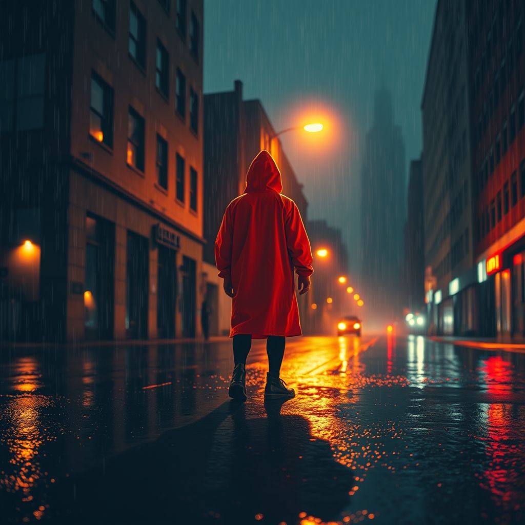 Una solitaria figura pixelada en un impermeable de pie en una calle lluviosa iluminada por un farol, con un estilo visual noir.
