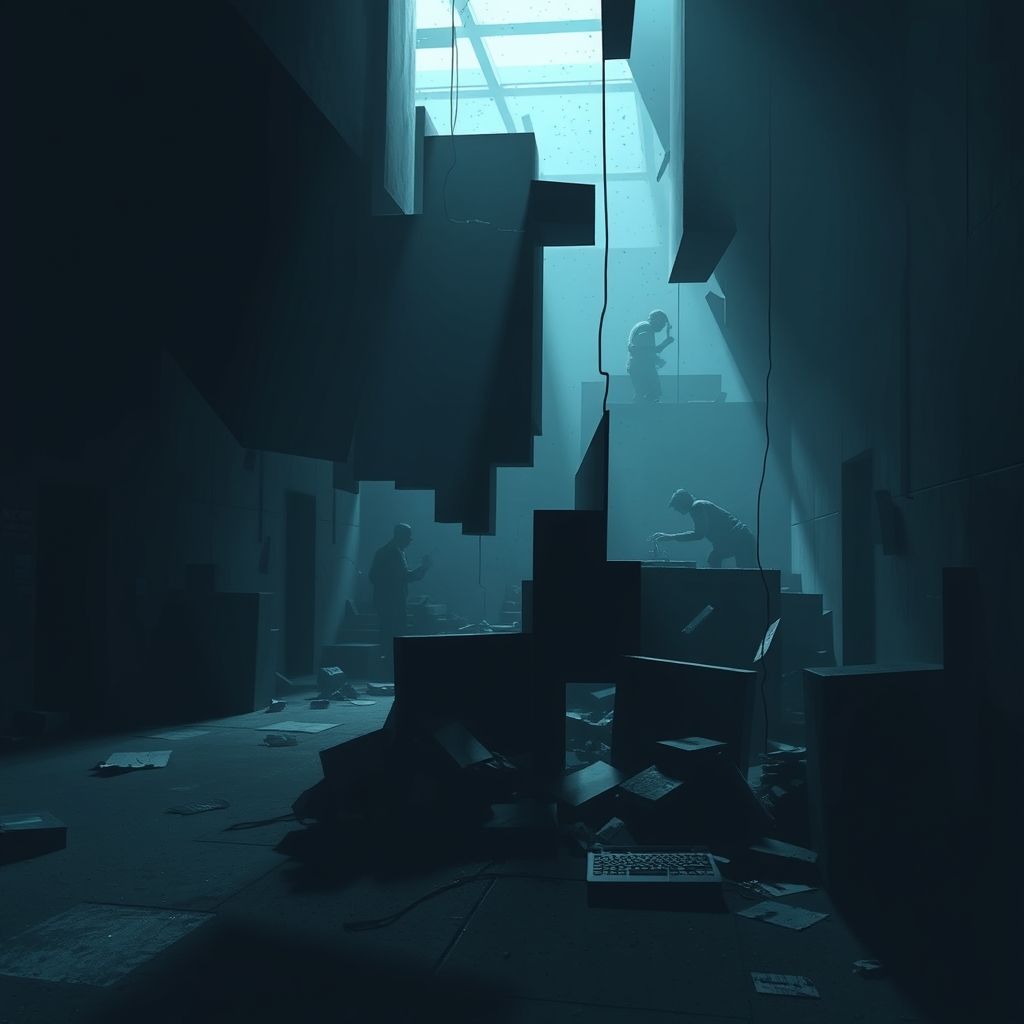 Reconstrucción pixelada de una escena del crimen utilizada por Forensic Architecture, mostrando un entorno detallado pero abstracto.