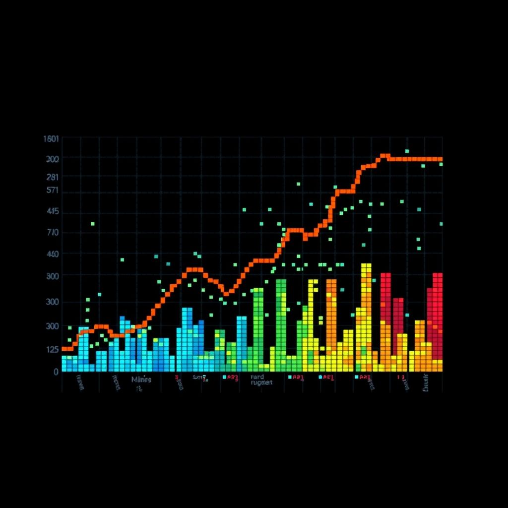 Una visualización de datos representada en estilo pixelado, mostrando un gráfico o diagrama complejo utilizando diferentes colores de píxeles para representar diferentes valores de datos.