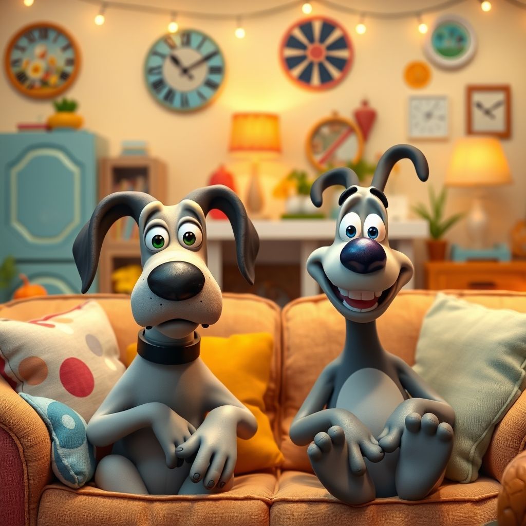 Wallace y Gromit sentados en un sofá en su sala de estar, Gromit mirando a la cámara con una expresión escéptica, Wallace sonriendo con entusiasmo.