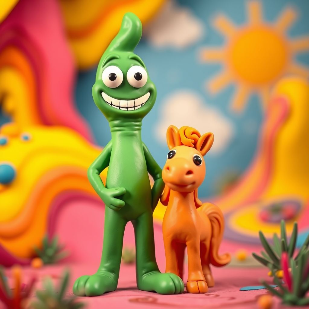 Gumby, la figura de plastilina verde, sonriendo y de pie en un paisaje colorido hecho de plastilina, con su compañero Pokey, un pony naranja.