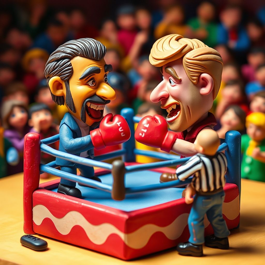 Una representación de plastilina de dos celebridades luchando en un ring de boxeo, con un árbitro de plastilina observando.