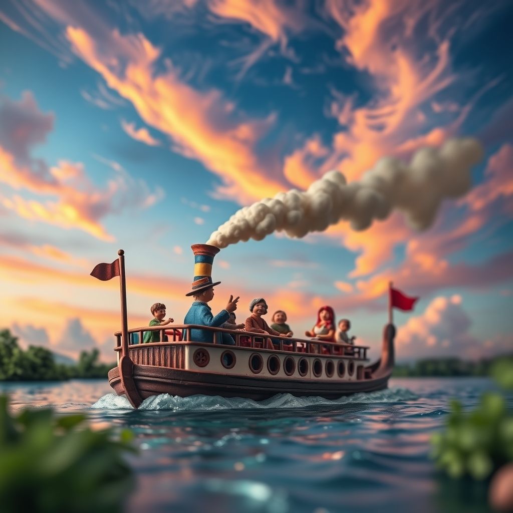 Una escena de 'The Adventures of Mark Twain', con figuras de plastilina en un barco de vapor, con un cielo detallado y texturizado en el fondo.