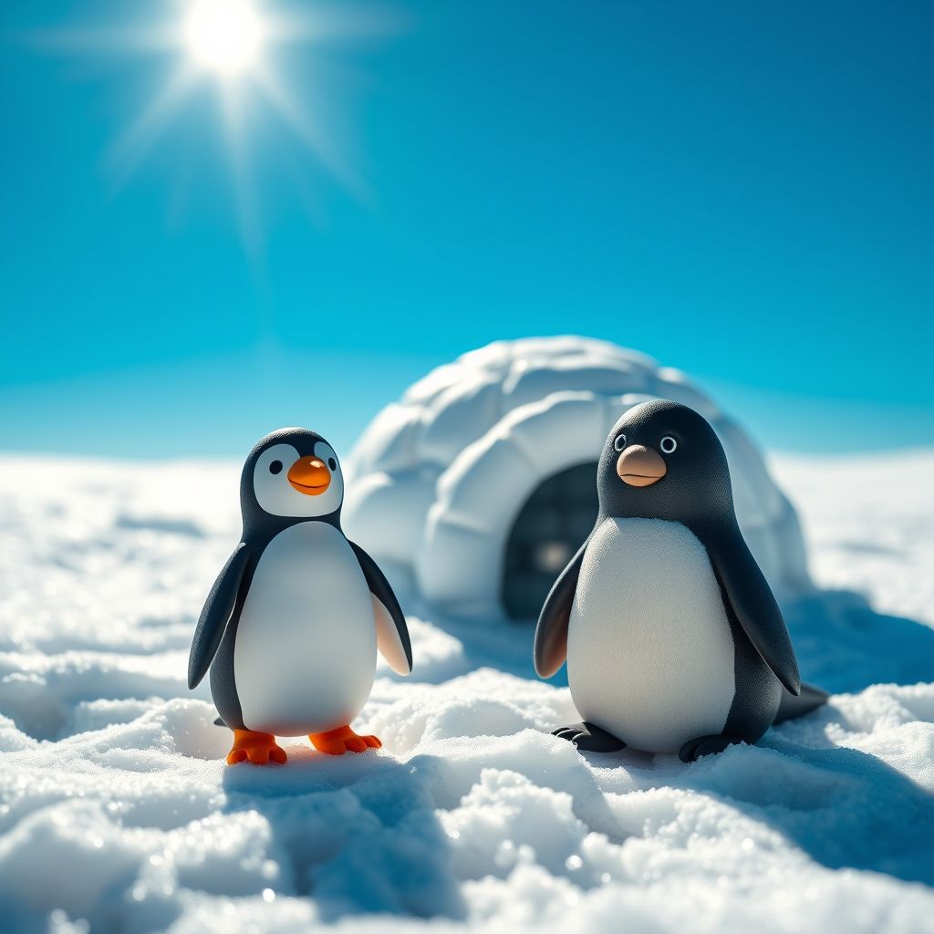 Pingu, el pequeño pingüino de plastilina, parado frente a su iglú en la Antártida, con su amigo Robby, la foca.