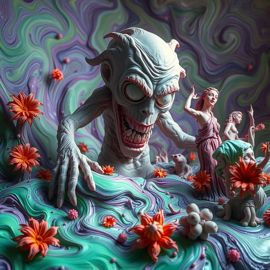 Una figura de plastilina grotesca y transformándose en un paisaje surrealista creado por Bruce Bickford, con intrincados detalles y movimiento caótico.