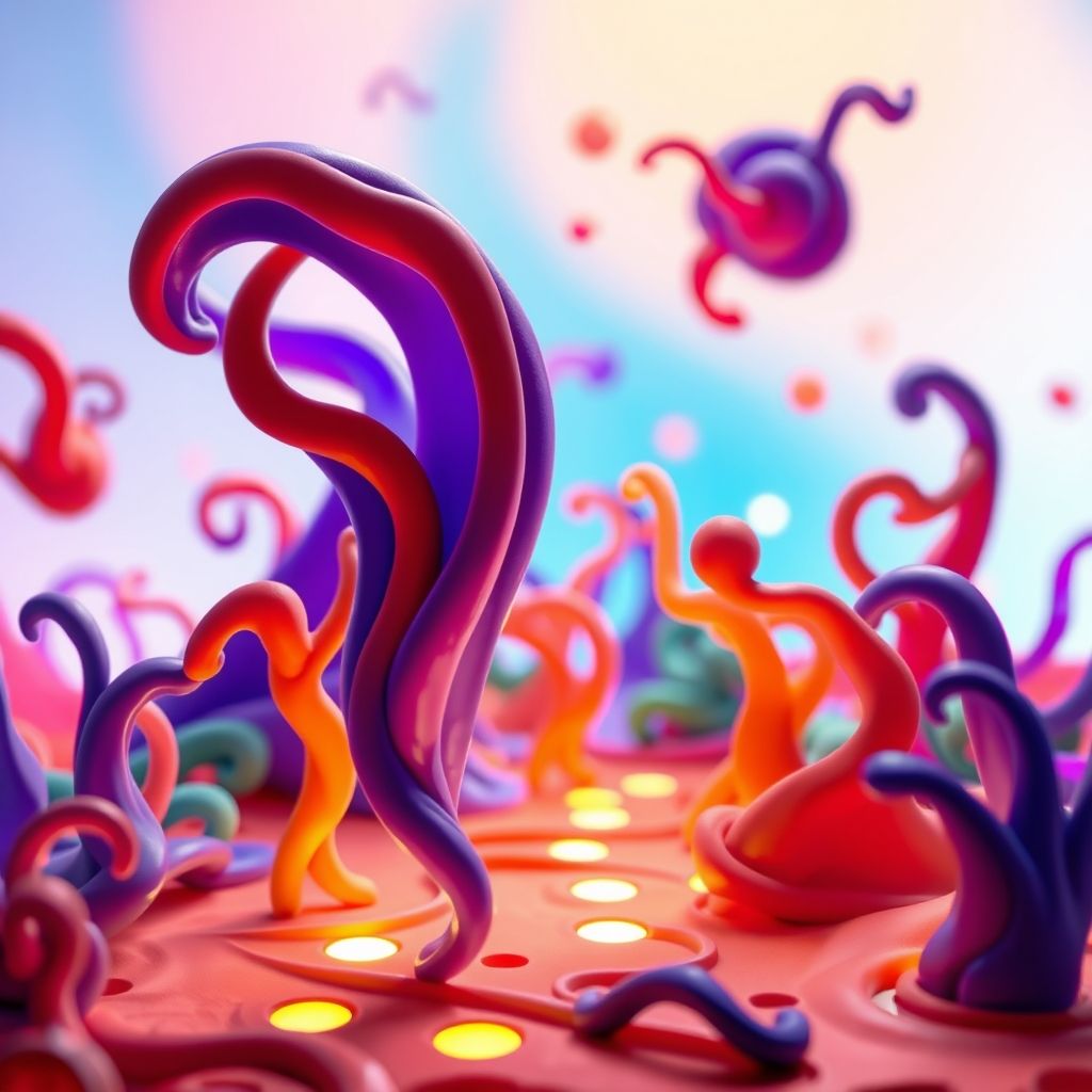 Formas de plastilina abstractas y coloridas que se transforman y bailan al ritmo de la música en 'Gumbasia'.