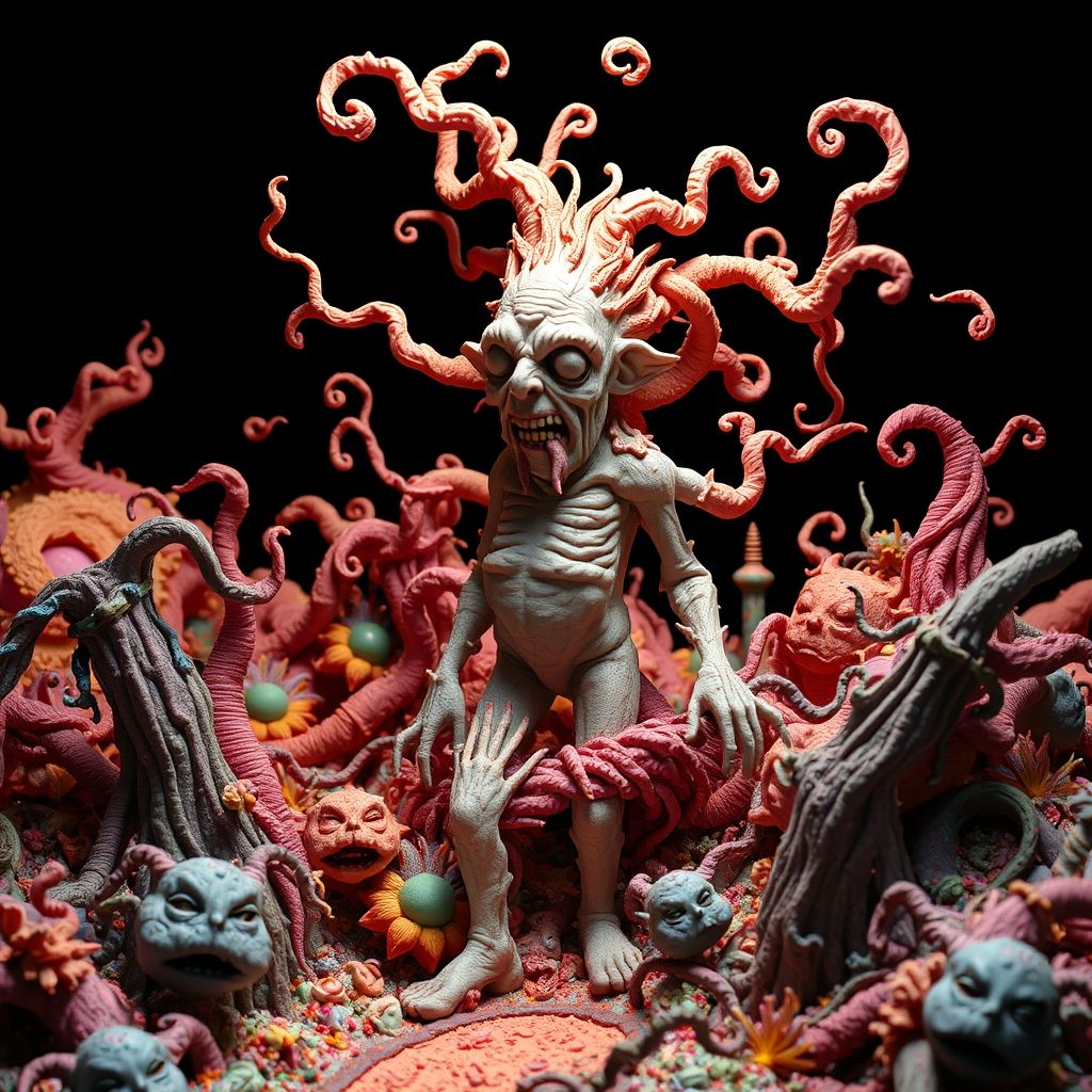 Una figura de plastilina grotesca y transformándose en un paisaje surrealista creado por David Daniels, con intrincados detalles y movimiento caótico.