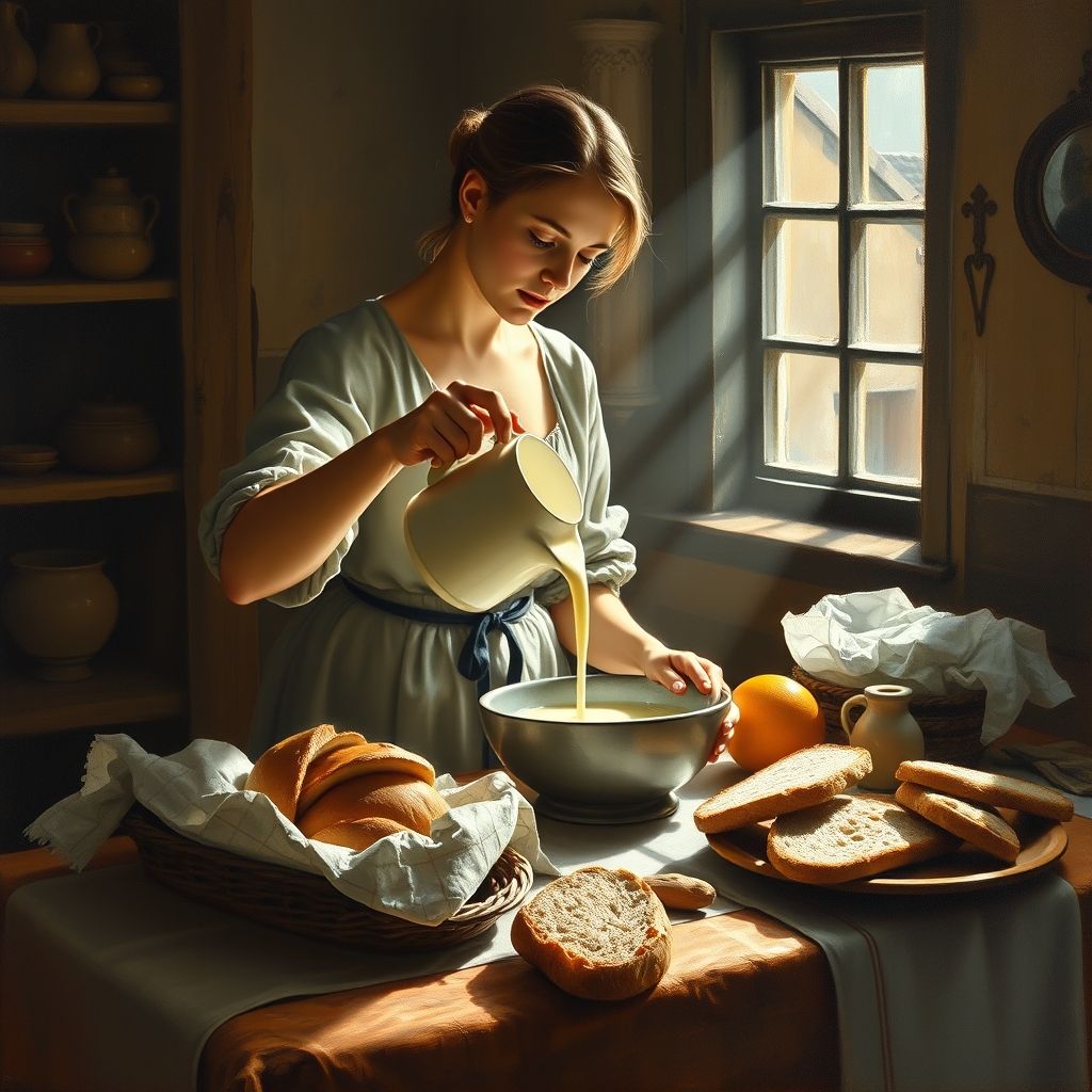 Una pintura al óleo de una mujer vertiendo leche de una jarra en un tazón, con pan y otros artículos sobre una mesa, con luz natural entrando por una ventana, al estilo de Johannes Vermeer.