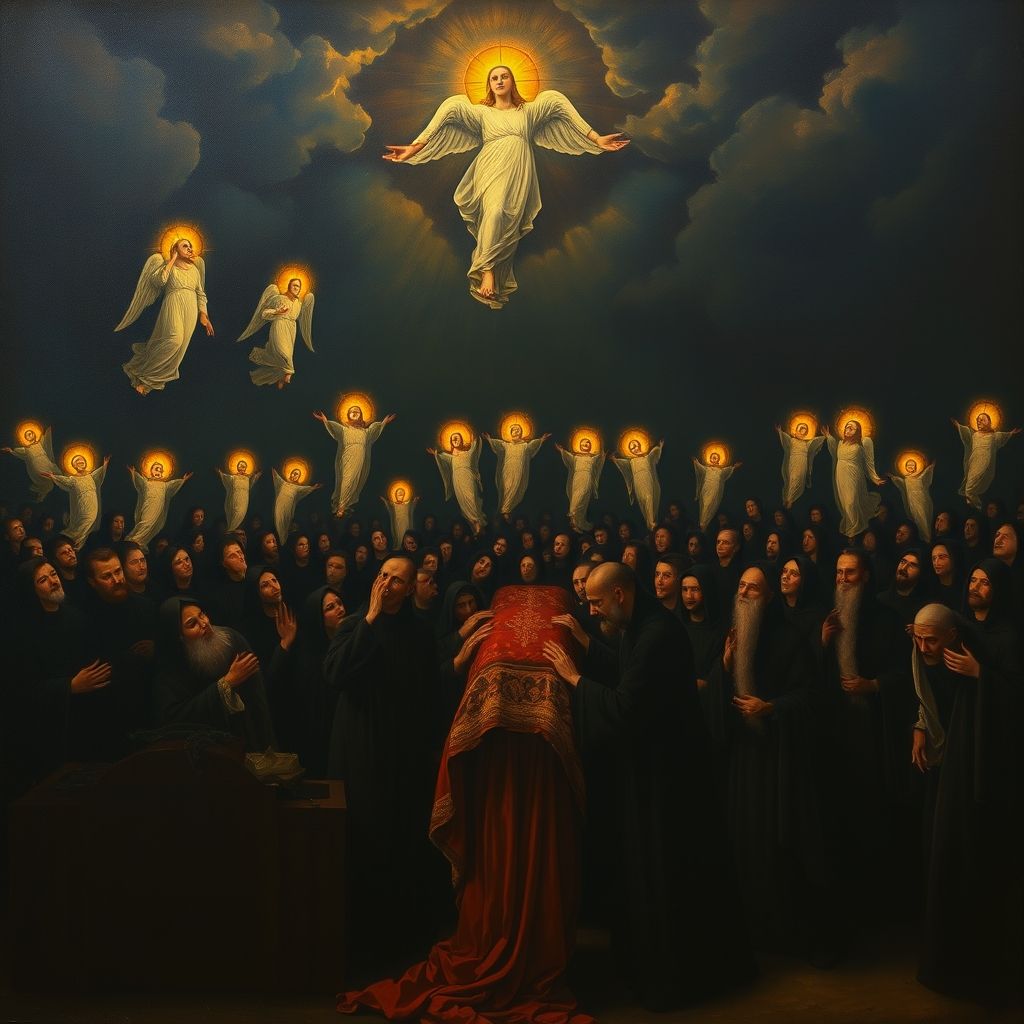 Una pintura de un funeral con santos descendiendo del cielo para asistir, muchos dolientes vestidos de negro, con figuras alargadas y colores intensos, al estilo de El Greco.