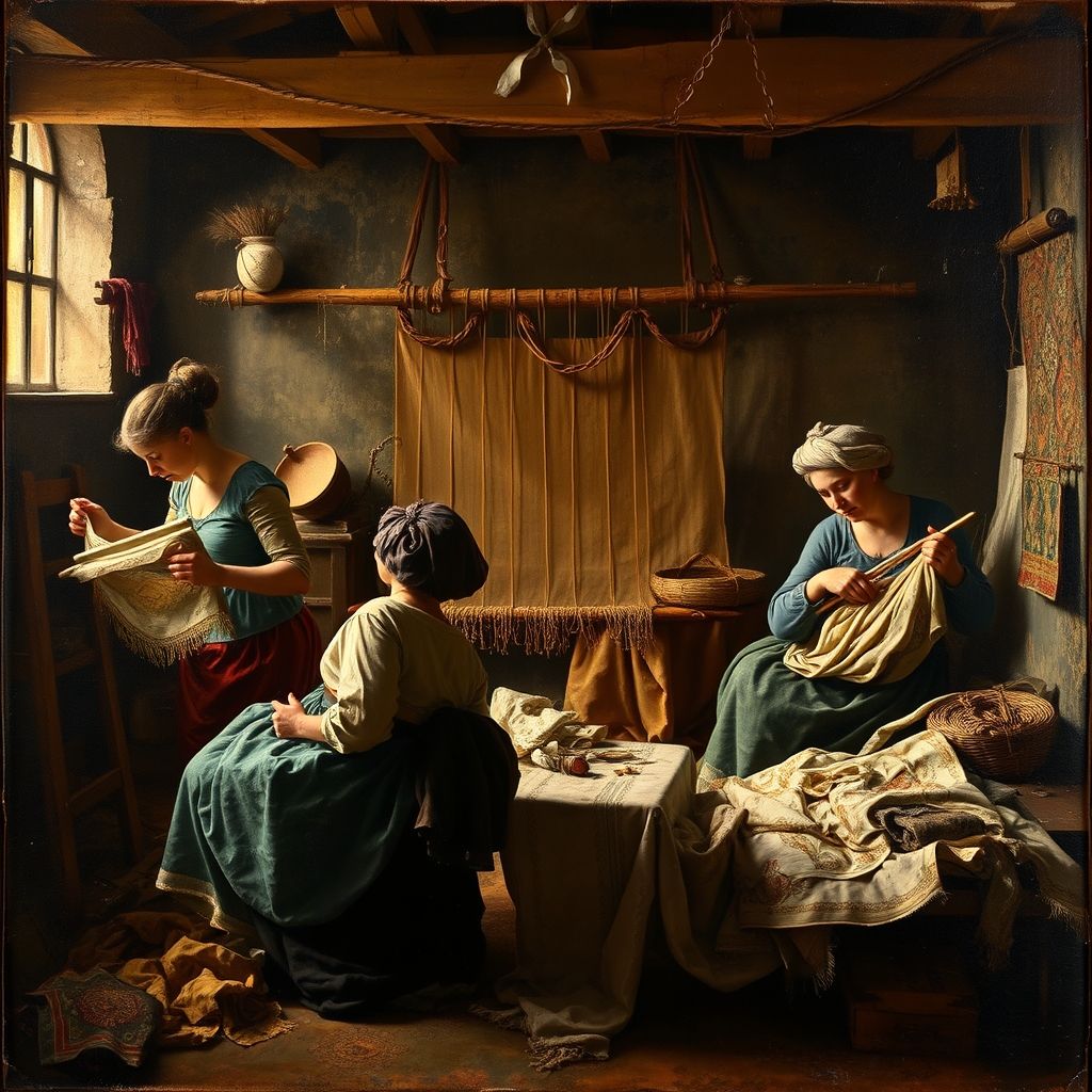 Una pintura de mujeres trabajando en un taller de tapices, con luz y sombra creando profundidad, mostrando una escena cotidiana y una representación del mito de Aracne y Atenea, al estilo de Diego Velázquez.