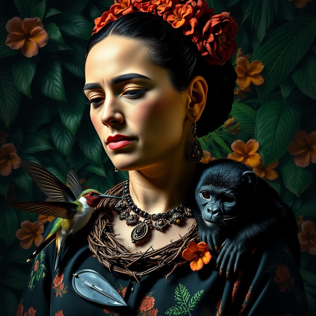 Un autorretrato de Frida Kahlo con un collar de espinas, un colibrí muerto y un mono y un gato negros en sus hombros, con una densa vegetación en el fondo.