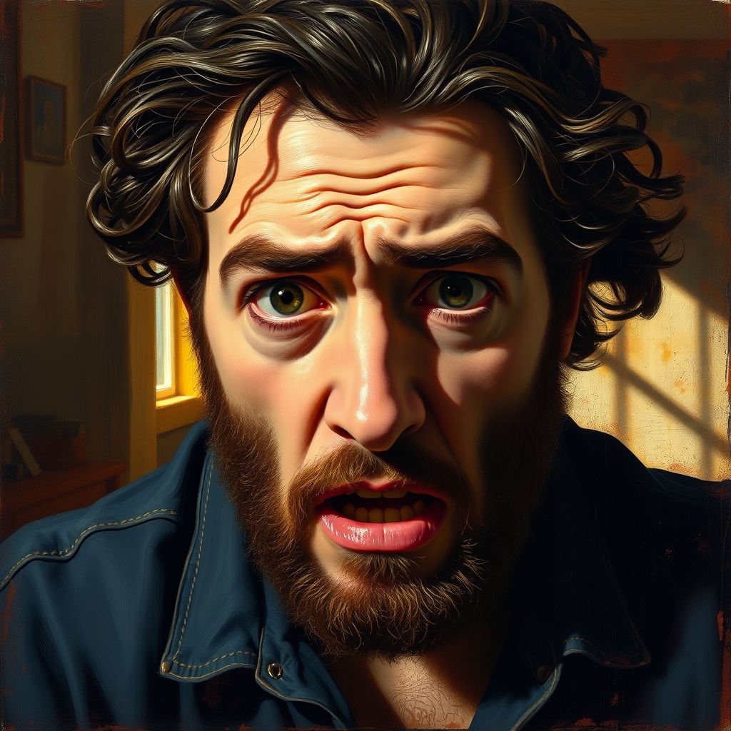 Un autorretrato de Gustave Courbet con una expresión de angustia, ojos muy abiertos y cabello despeinado, con pinceladas sueltas y colores intensos.