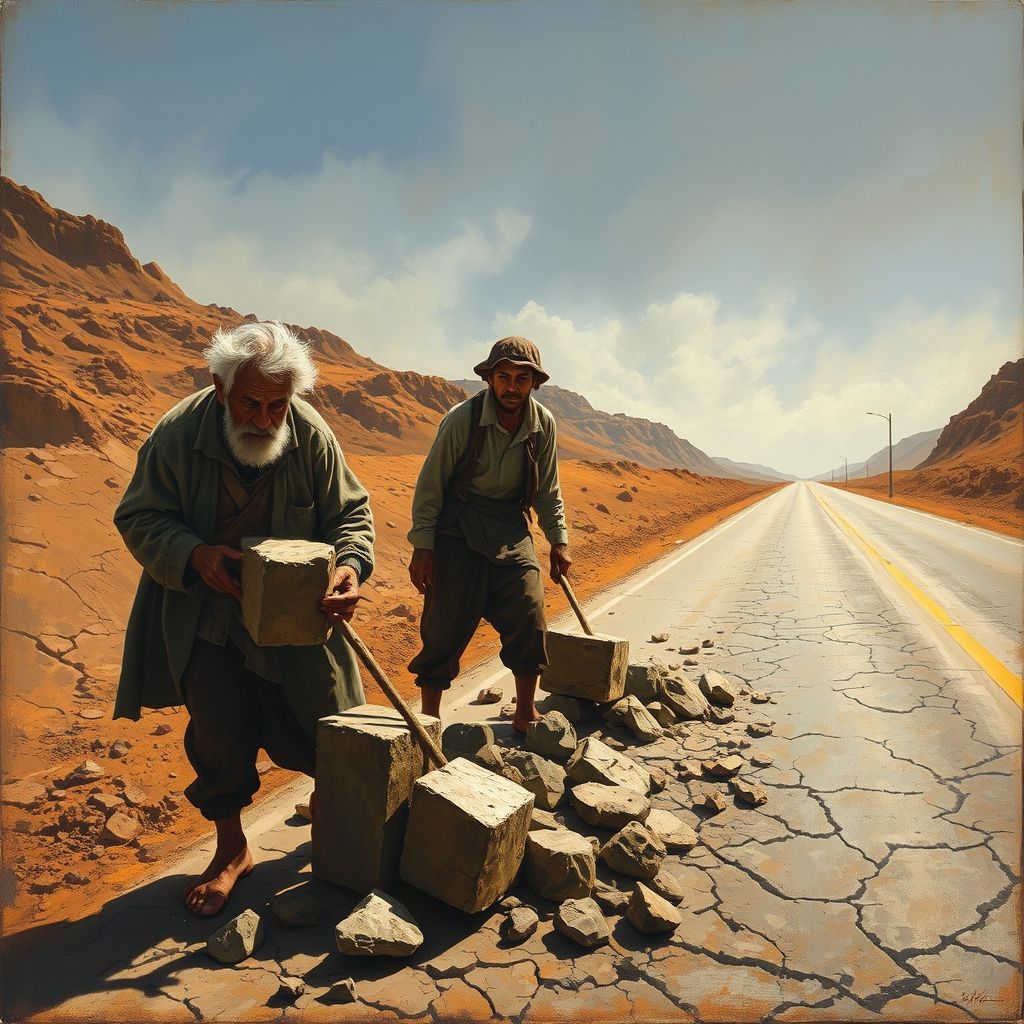Una pintura de dos trabajadores de la carretera, uno viejo y otro joven, rompiendo piedras a lo largo de una carretera, con ropa desgastada y una representación sin adornos de sus duras condiciones de trabajo.