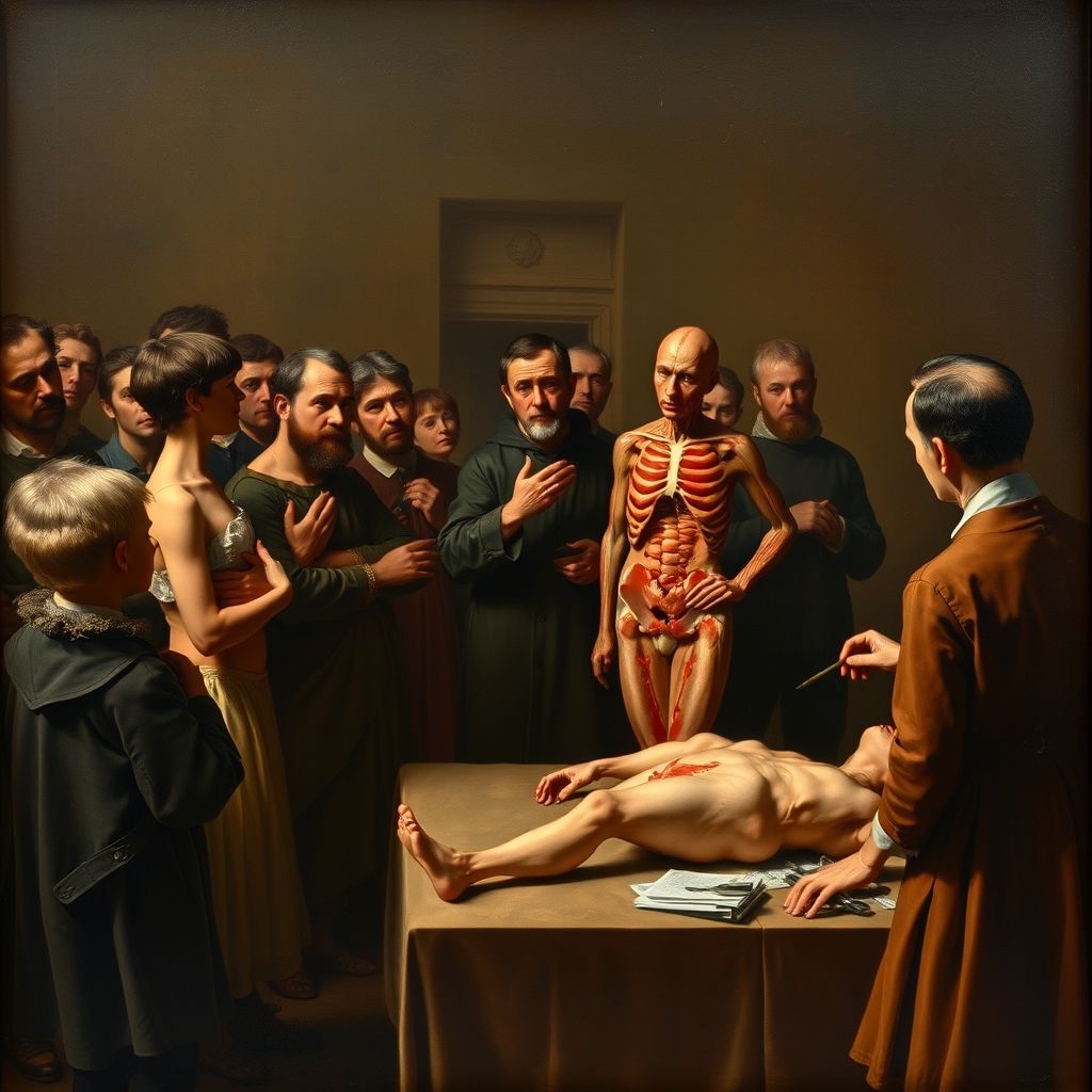 Una pintura de una lección de anatomía pública impartida por el Dr. Nicolaes Tulp, con un grupo de espectadores mirando la disección de un cuerpo, al estilo de Rembrandt.