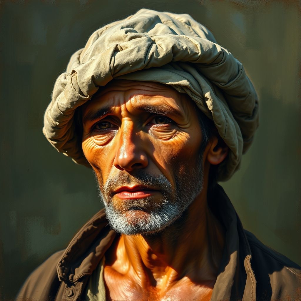 Una pintura de la cabeza de un campesino blanco con gorra, con pinceladas sueltas y una atención al detalle, al estilo de Gustave Courbet.