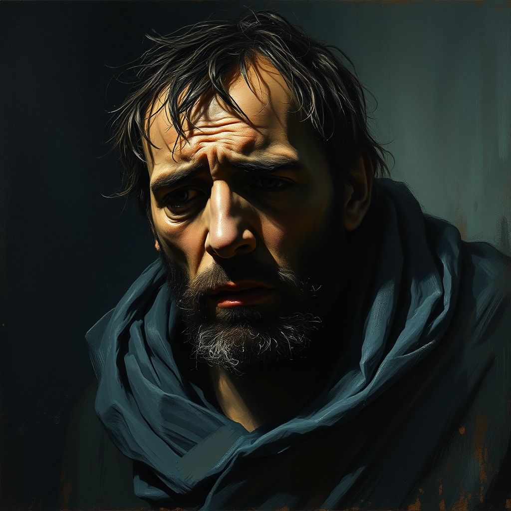 Una pintura de un hombre afligido, con una intensa emoción y una representación detallada de la desesperación, con pinceladas sueltas y colores apagados, al estilo de Théodore Géricault.