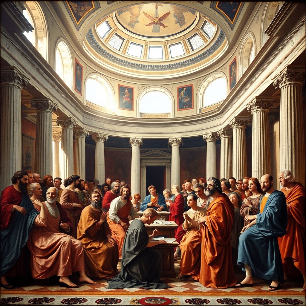 Un fresco de Rafael, 'La Escuela de Atenas', mostrando a Platón y Aristóteles en el centro.