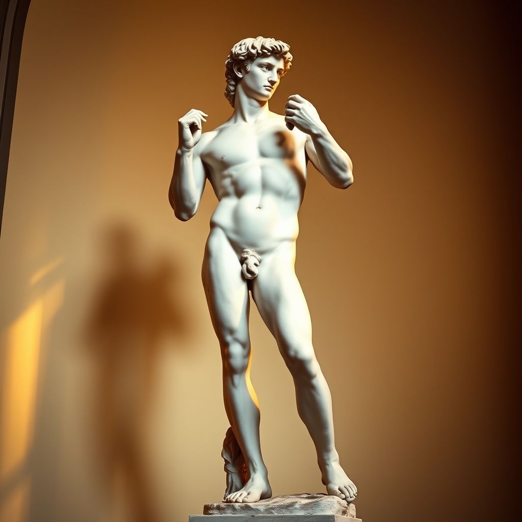 Una estatua de mármol del David de Miguel Ángel, mostrando su musculatura y postura heroica.