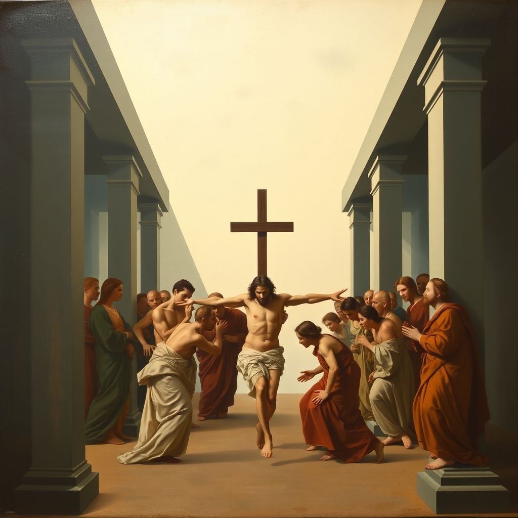 Una pintura de Piero della Francesca, 'La Flagelación de Cristo', mostrando su perspectiva geométrica y figuras serenas.