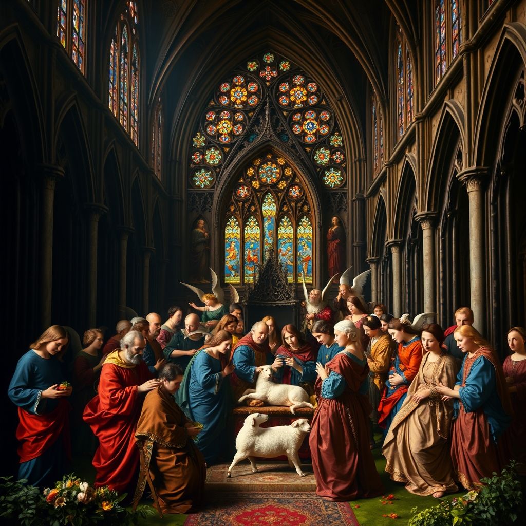 El Retablo de Gante por Hubert y Jan van Eyck, mostrando el panel central de 'La Adoración del Cordero Místico'.