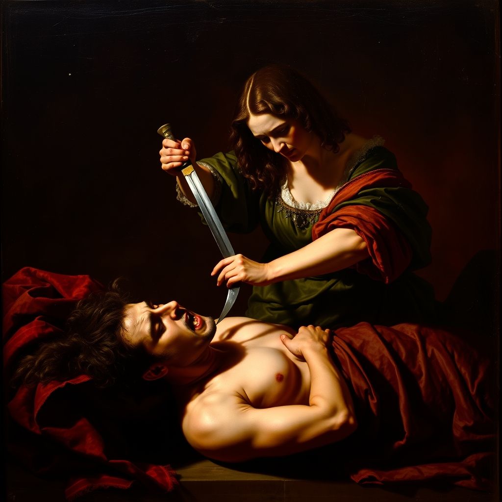 Una pintura de Artemisia Gentileschi, 'Judit decapitando a Holofernes', mostrando la decapitación violenta.