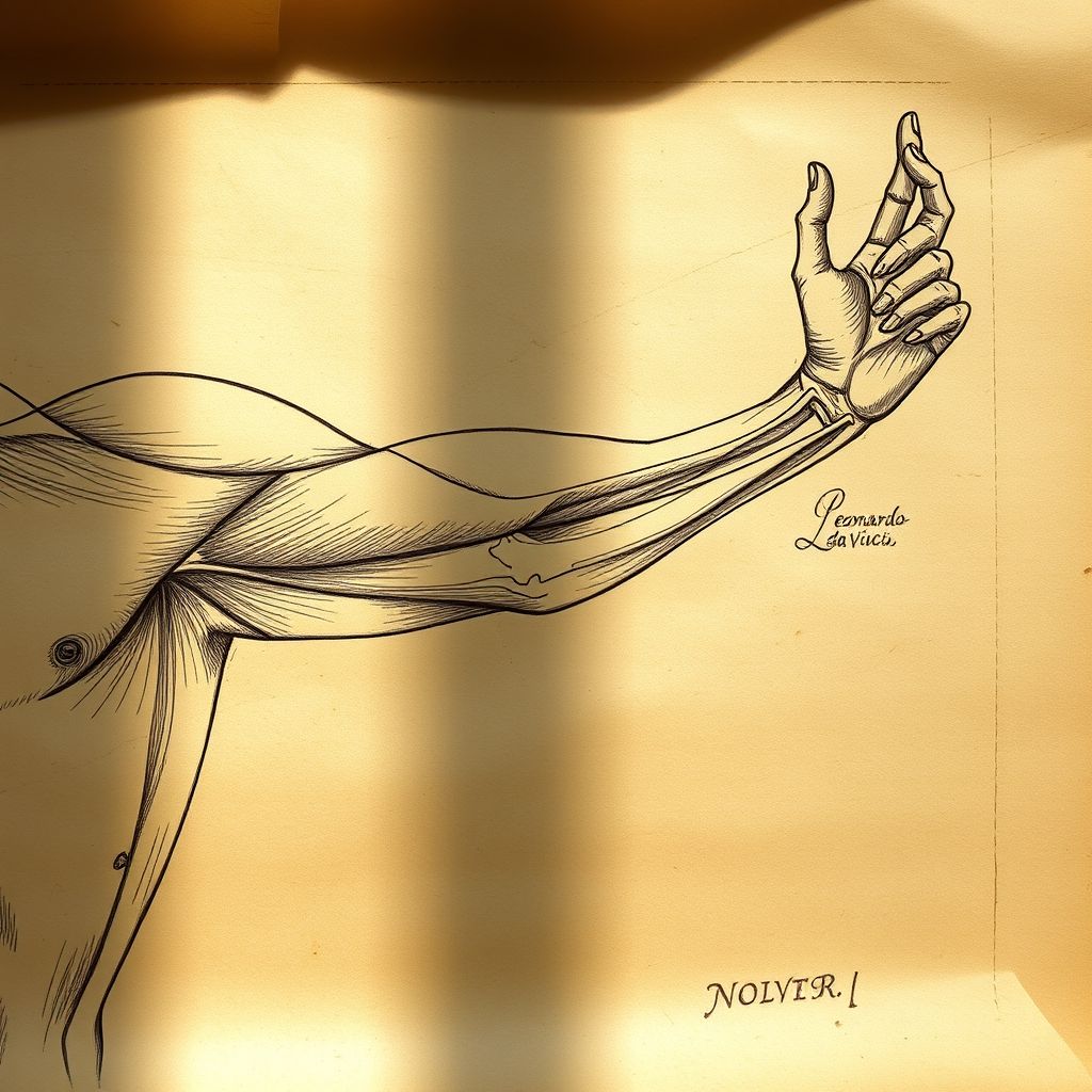 Un dibujo anatómico de Leonardo da Vinci, mostrando los músculos y huesos del brazo humano.