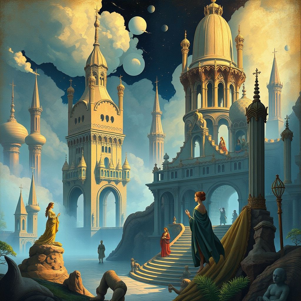 Una ilustración de la Hypnerotomachia Poliphili, mostrando la arquitectura onírica y las figuras alegóricas.