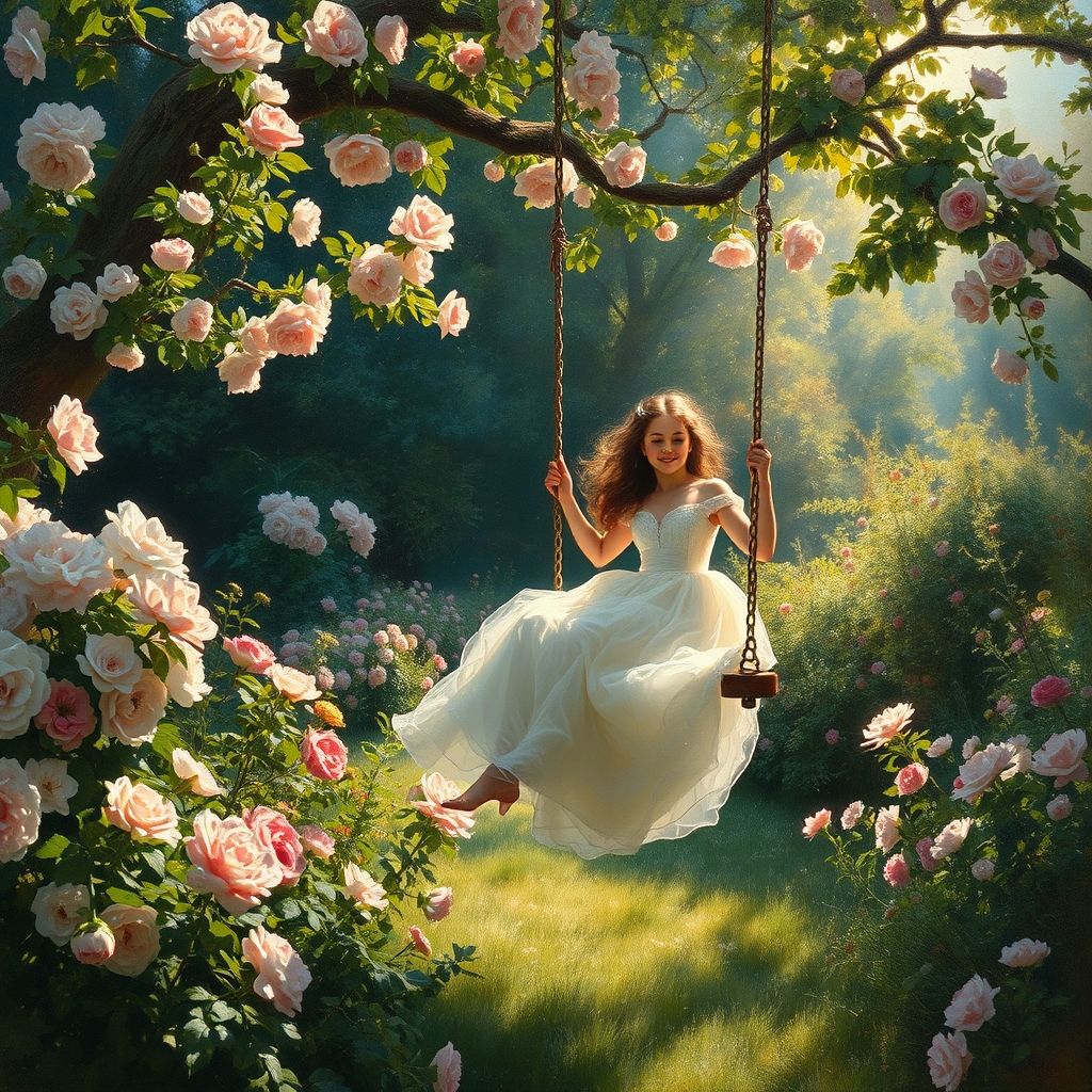 Pintura al óleo de 'El Columpio' de Jean-Honoré Fragonard, exuberante jardín, dama en un columpio, colores pastel, ambiente frívolo.