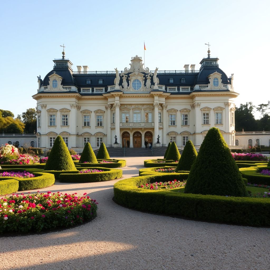 Exterior del Palacio de Sanssouci, Potsdam, Alemania, arquitectura rococó, jardines, luz dorada de la tarde.