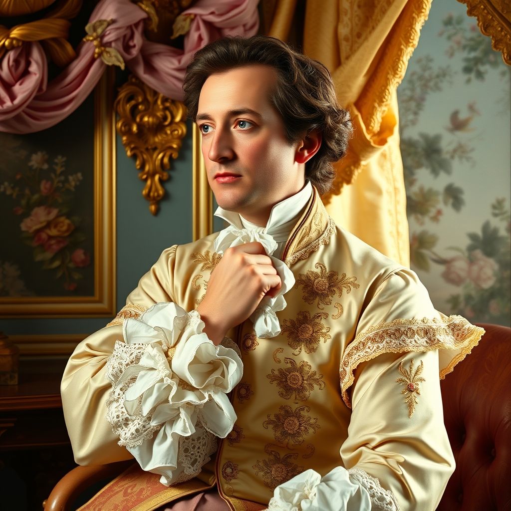 Autorretrato de François Boucher, estilo rococó, paleta de pintor, elegante vestimenta del siglo XVIII.