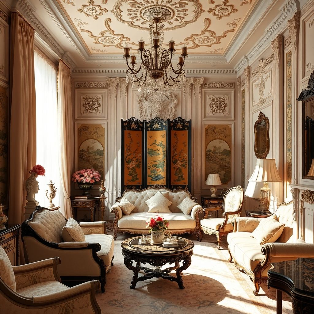 Habitación rococó con decoración Chinoiserie, biombos lacados, porcelana china, colores pastel.