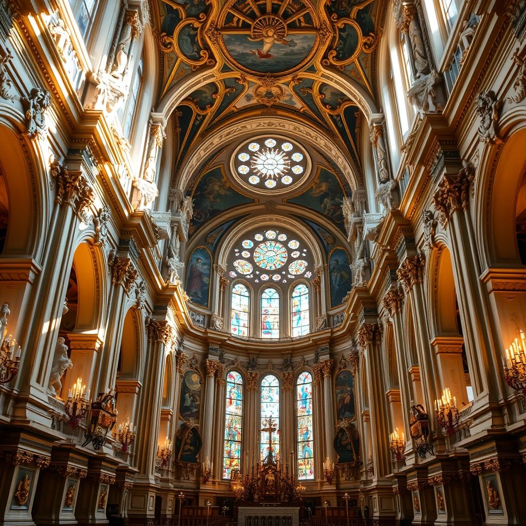 Interior de una iglesia bávara, estilo rococó, esculturas de estuco, frescos, luz dramática.