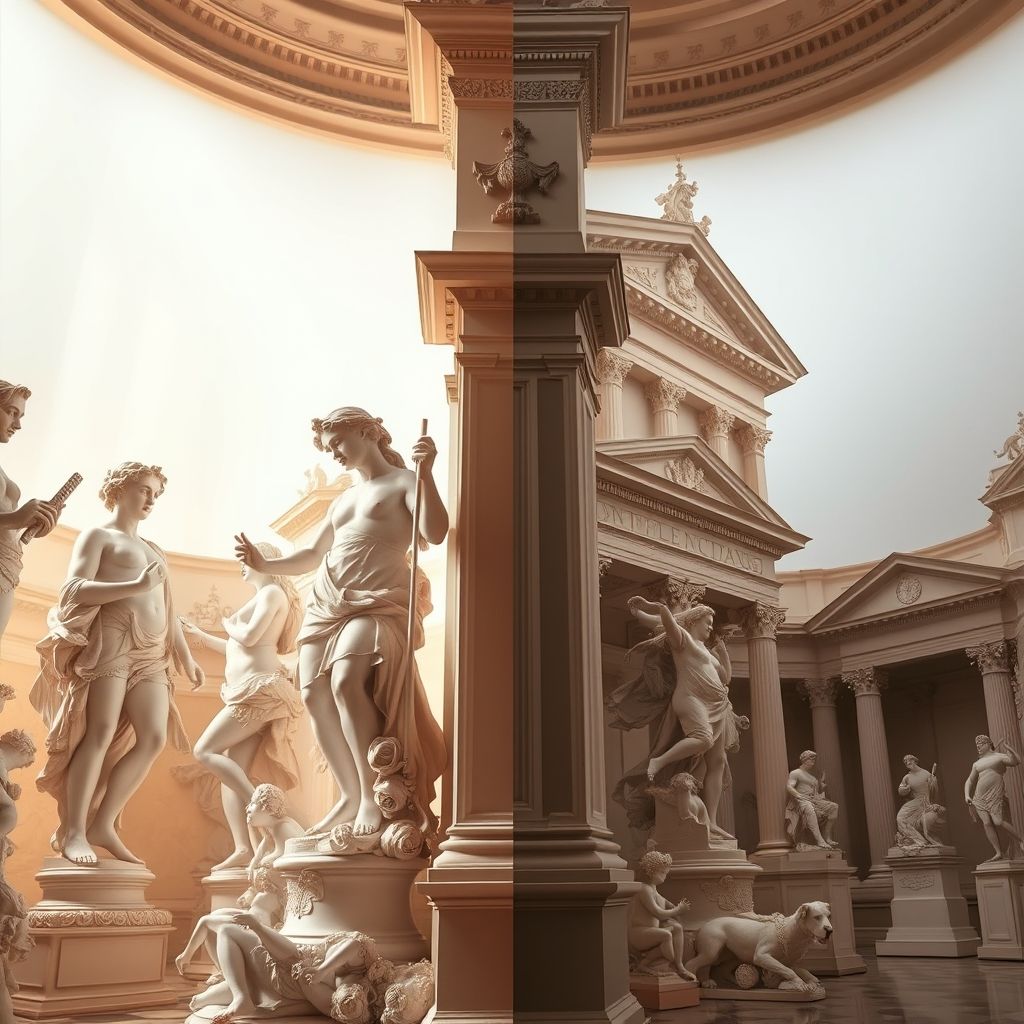 Yuxtaposición de arte rococó y neoclásico, simbolizando el cambio de gustos en el siglo XVIII, colores pastel frente a tonos sobrios.