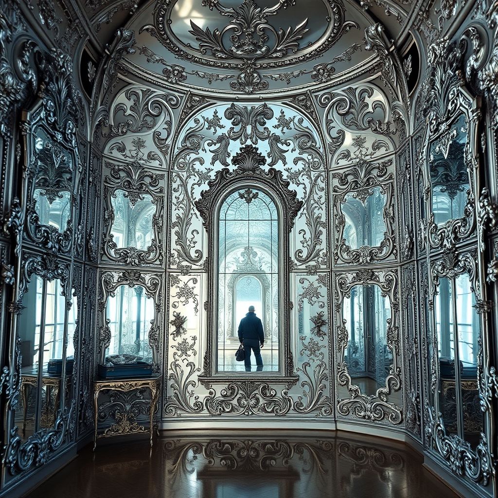 El Gabinete de los Espejos en Amalienburg, Múnich, espejos intrincados, estuco plateado, ambiente misterioso.