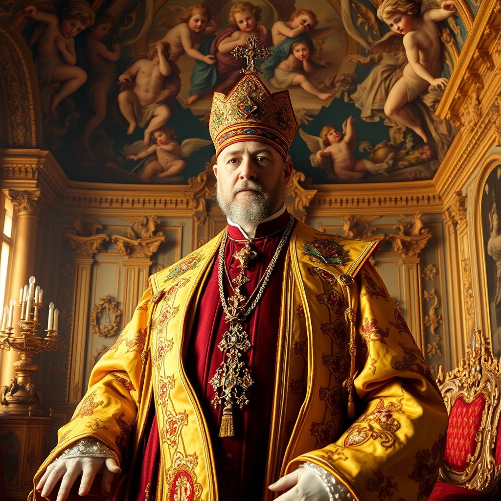 Retrato de un príncipe-obispo en un entorno rococó, arquitectura opulenta, símbolos de poder religioso y secular.