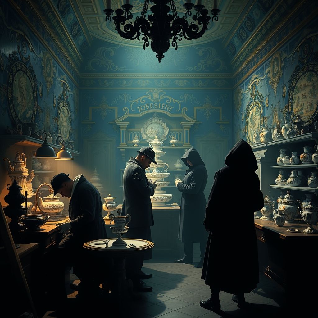 Escena de espionaje en la fábrica de porcelana de Meissen, espías, fórmula secreta, porcelana rococó.