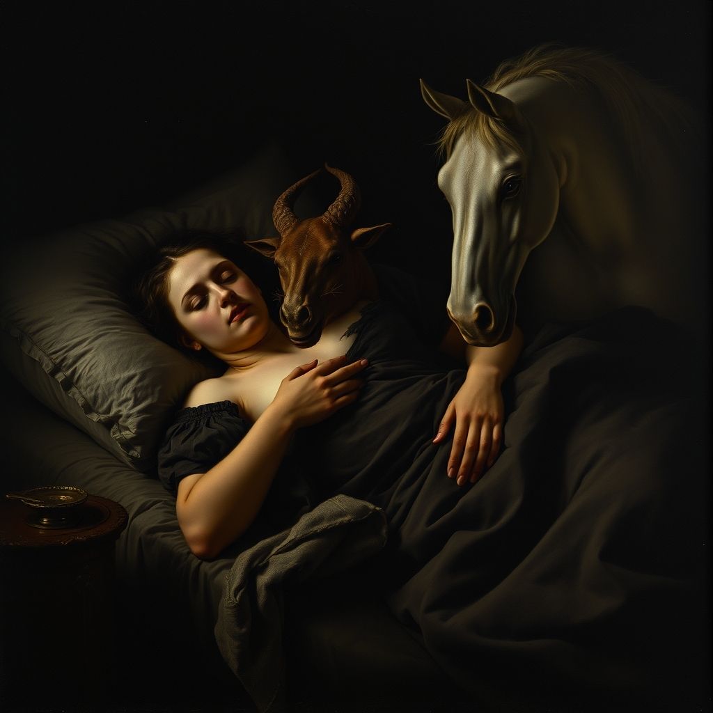 La Pesadilla, pintura de Henry Fuseli, que muestra a una mujer durmiendo con un íncubo sobre su pecho y la cabeza de un caballo en la oscuridad.
