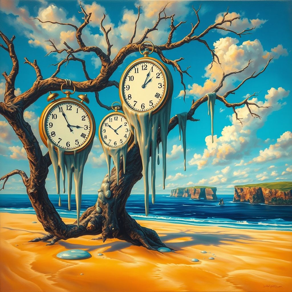 Una pintura surrealista de relojes derritiéndose sobre ramas de árbol en una playa desierta, con acantilados distantes bajo un cielo azul.