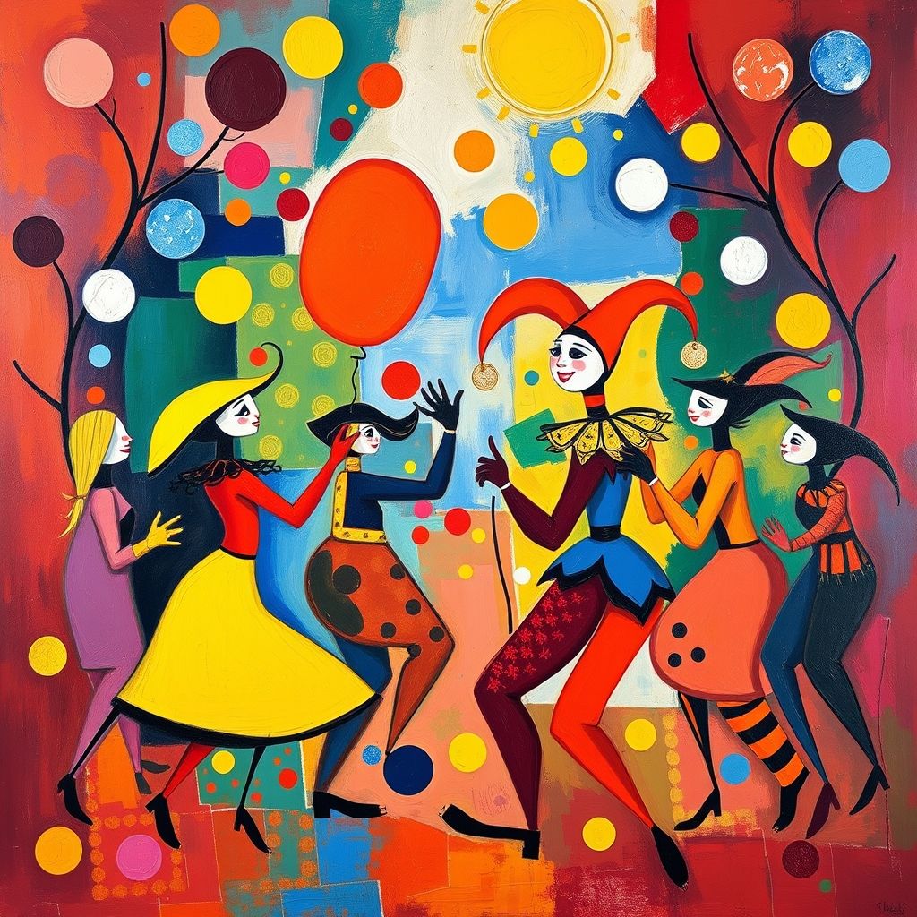 Una pintura de Joan Miró titulada 'El Carnaval de Arlequín', mostrando formas abstractas y figuras juguetona en colores brillantes.