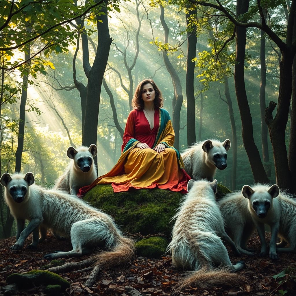 Leonora Carrington sentada en un bosque rodeada de hienas con pelaje largo y blanco.