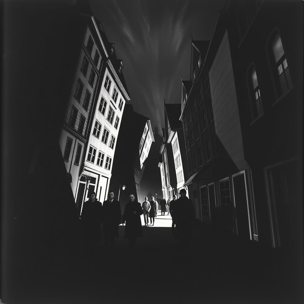 Escena de 'El Gabinete del Doctor Caligari', mostrando una calle con edificios inclinados y distorsionados, y figuras con expresiones exageradas.