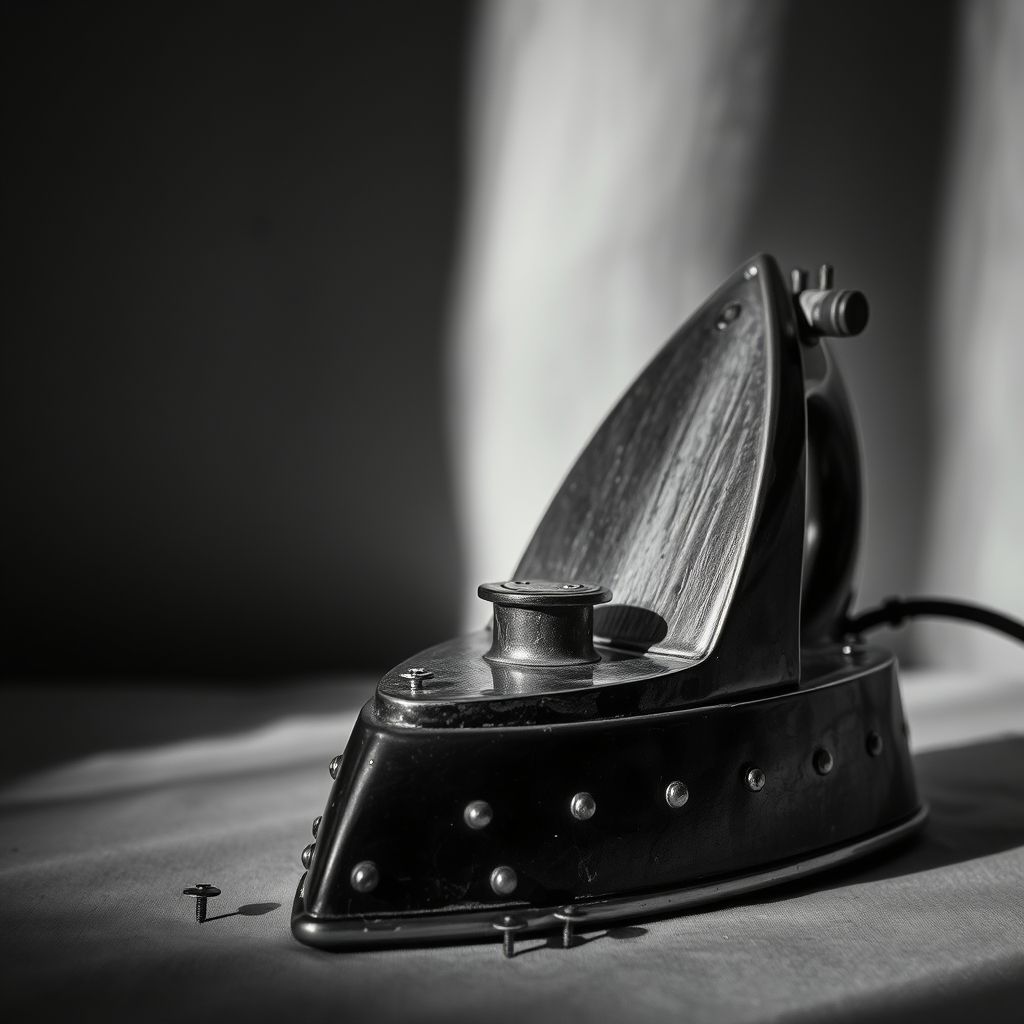 Fotografía en blanco y negro de un hierro de ropa con tachuelas de latón pegadas en la base.